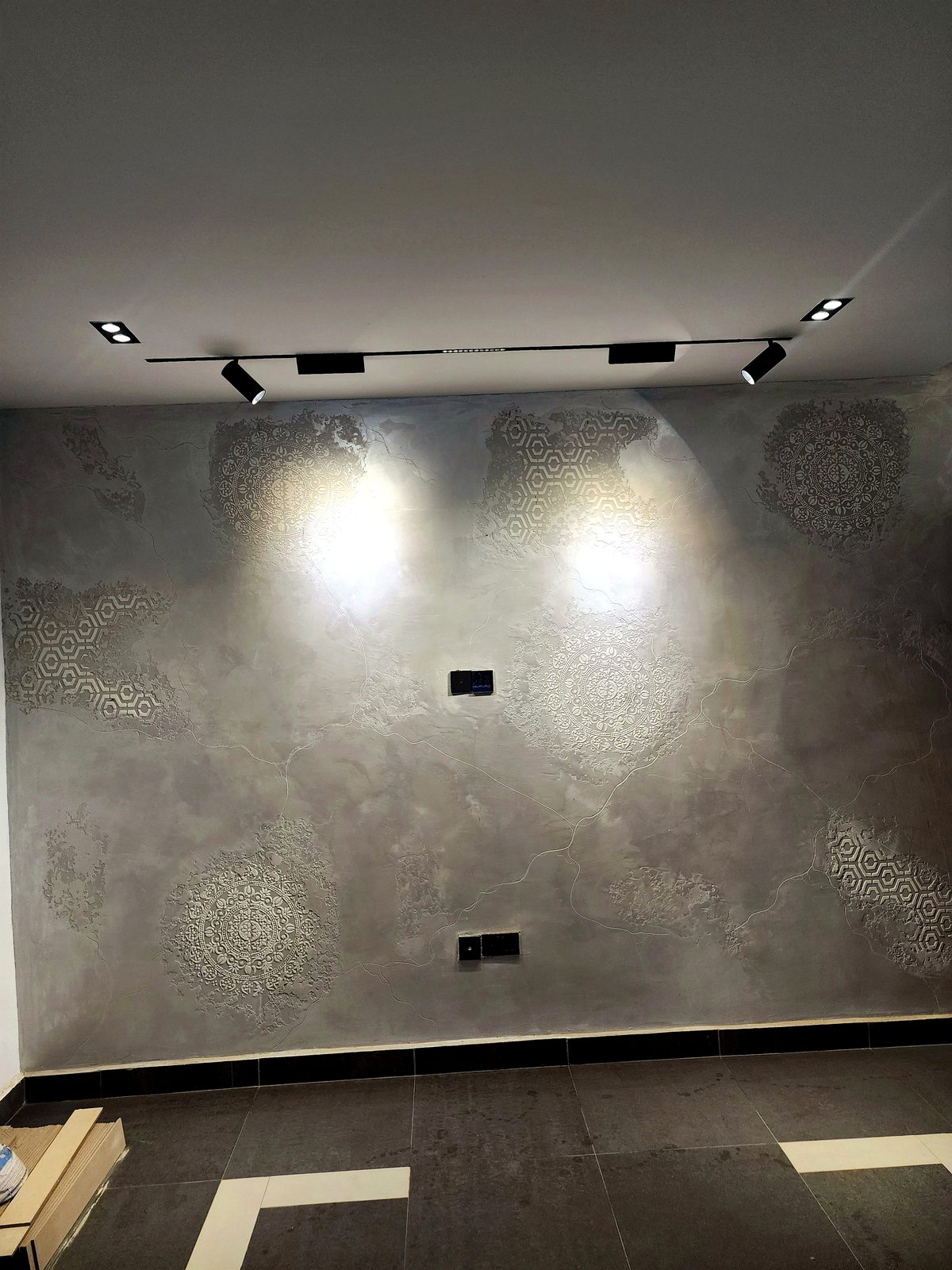 Track lighting installation on a feature wall